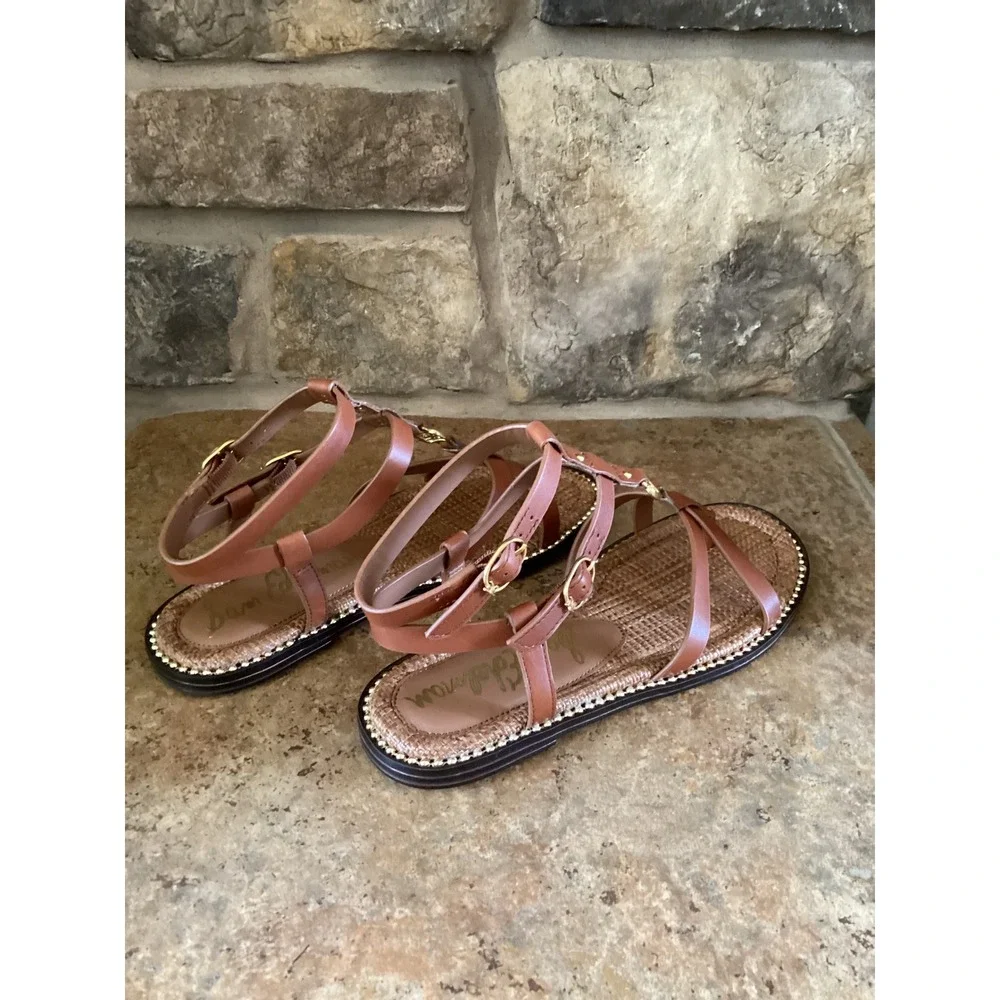 Sam Edelman Teeni Cognac Leather Gladiator Sandals Woven Raffia Gold Logo 7M NEW